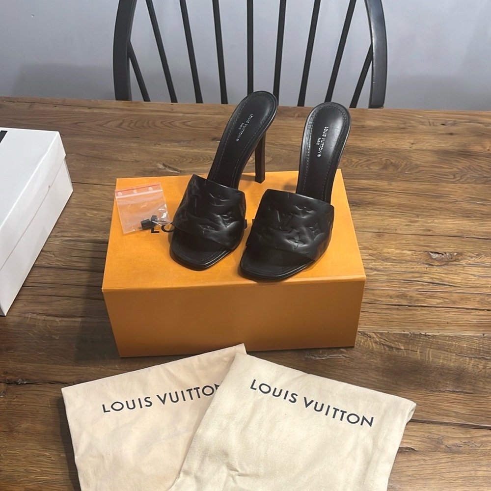 Louis Vuitton Revival Black Embossed Mules NEW